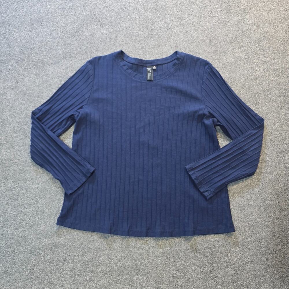 Focus Casual Life Top Womens Size Medium Blue Round Neck Ribbed Casual Basic